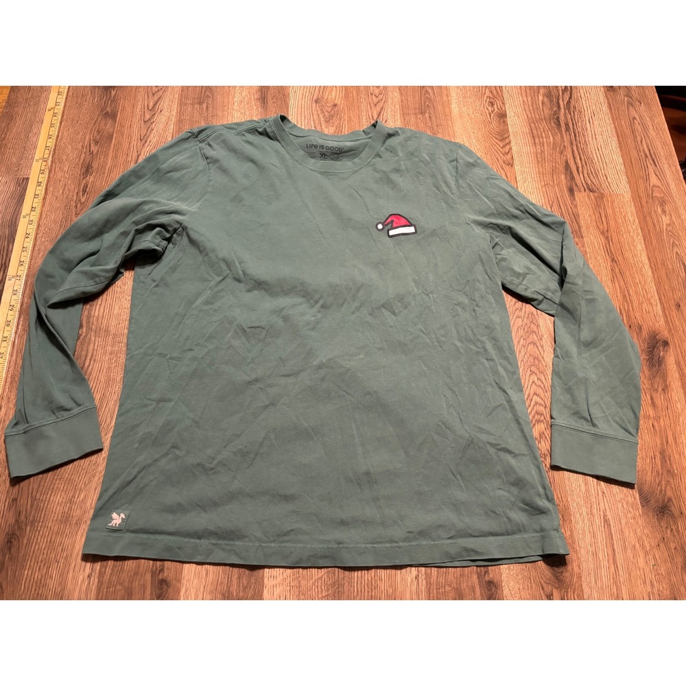 Life Is Good Shirt Mens Size XL Green Long Sleeve Santa Hat Crusher Graphic